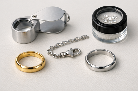 Close-up of gold, silver and platinum jewelry with a jeweler loupe on a neutral background
