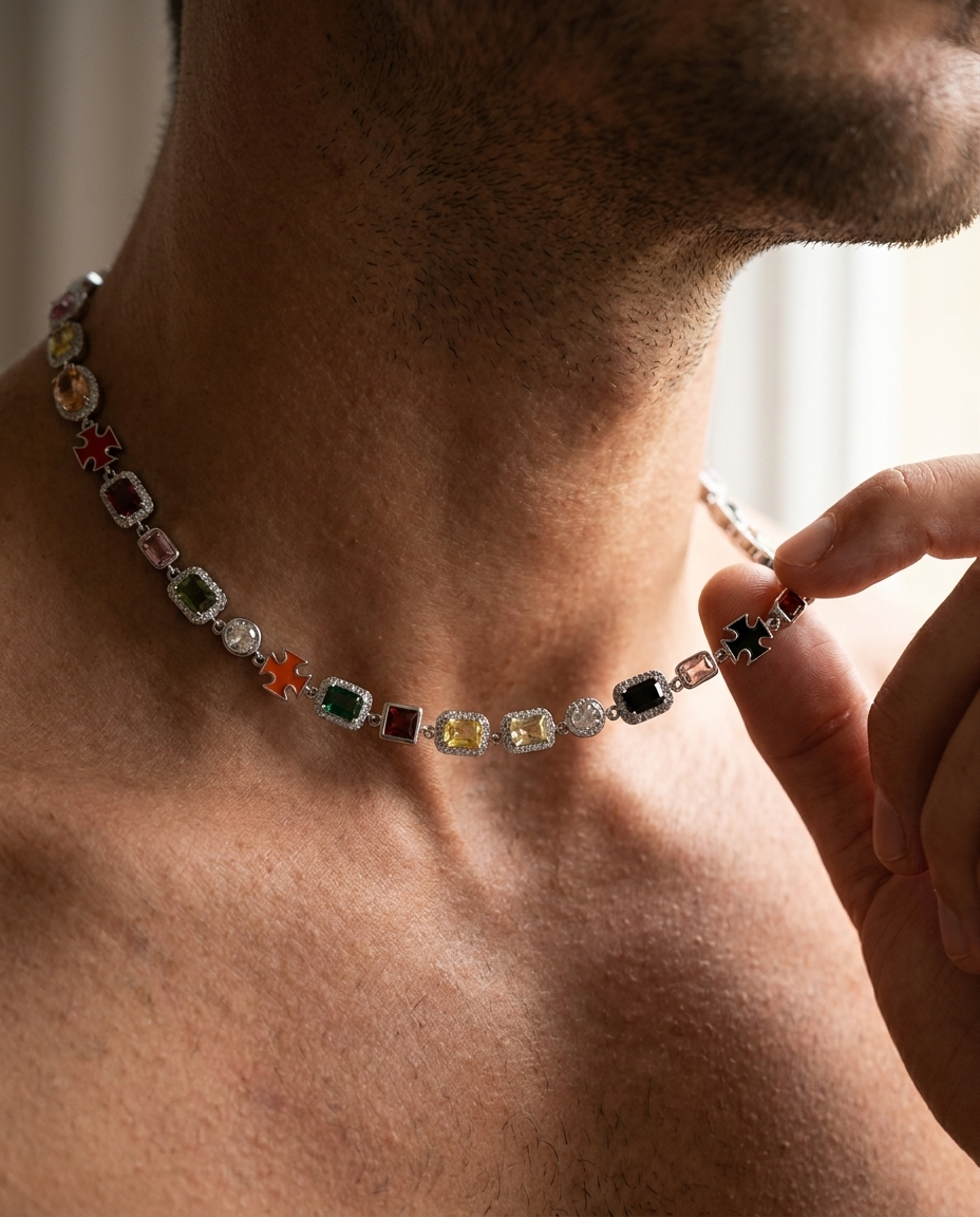 Royal Gemstone Necklace Silver - worn detail