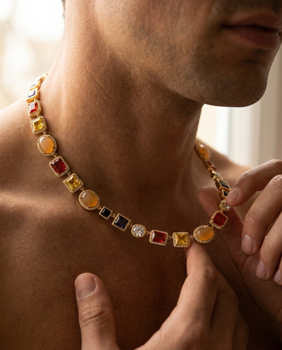 Gemstone Necklace Gold - worn detail
