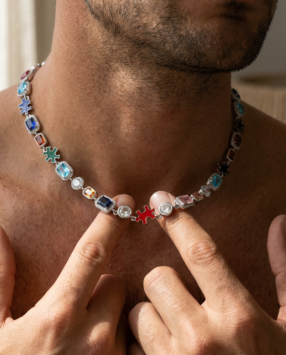 Iced Gemstone Necklace Silver - worn detail