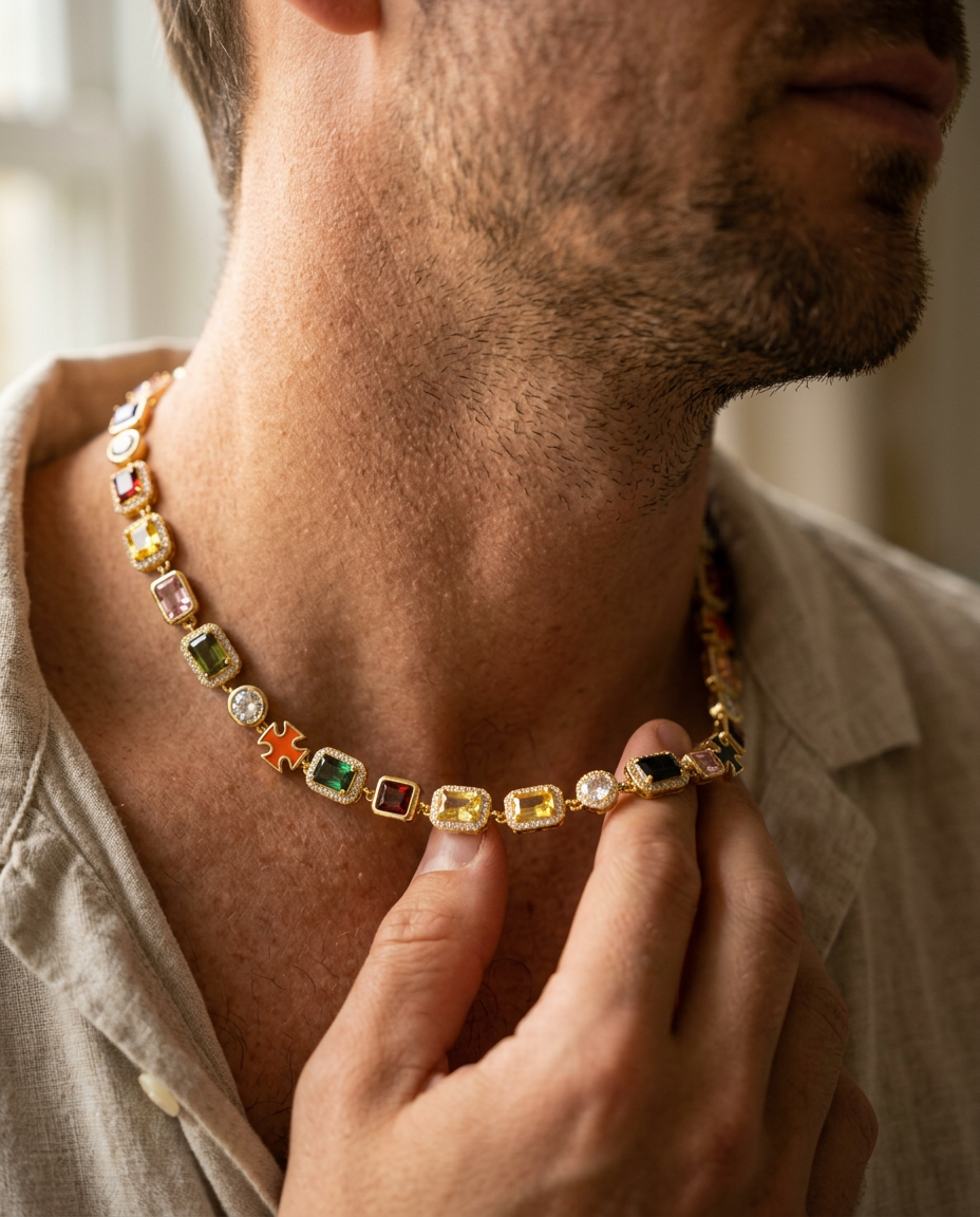 Royal Gemstone Necklace Gold - worn detail