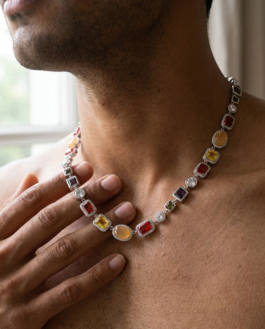 Gemstone Necklace Silver - worn detail