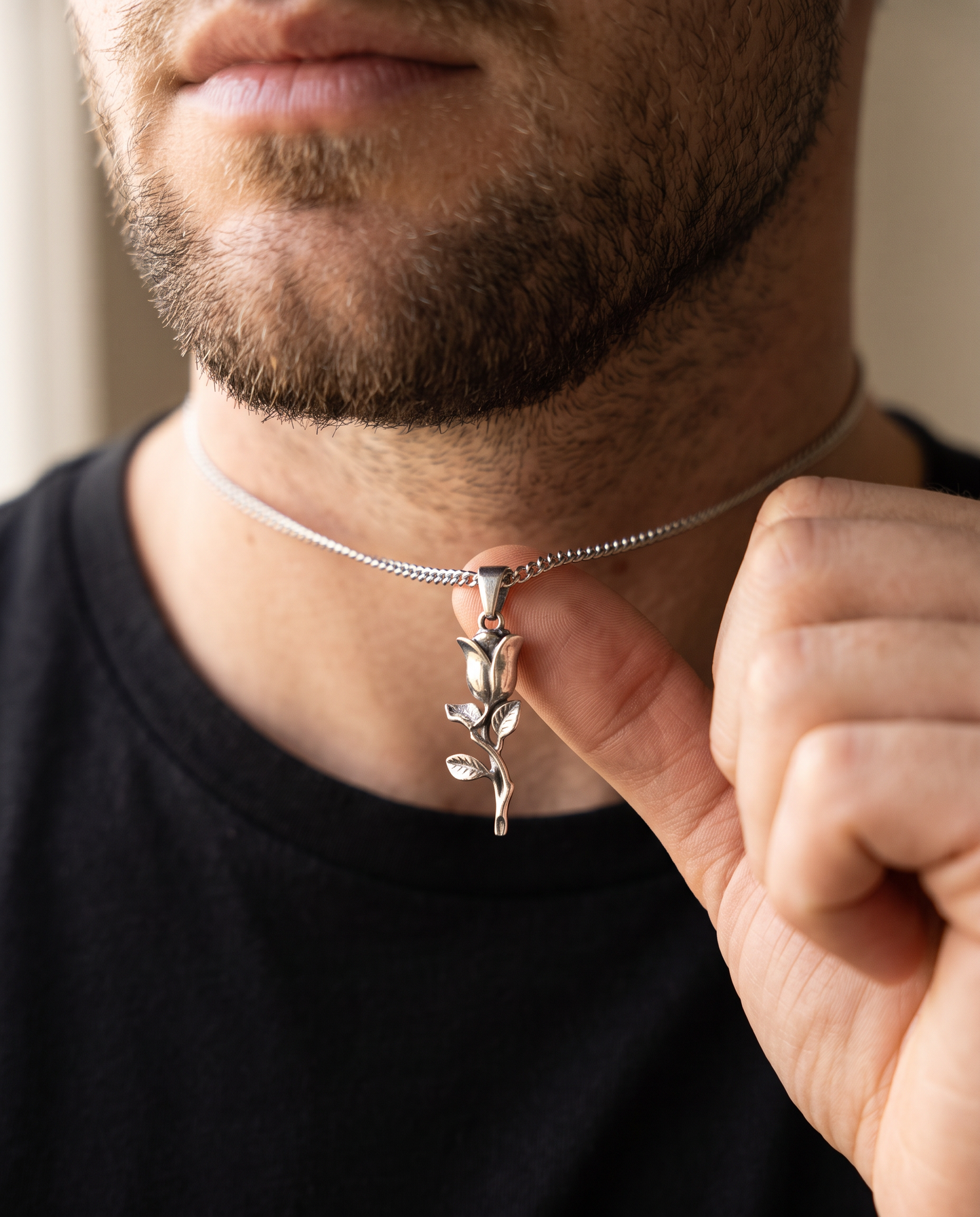 Rose Pendant Silver - Worn detail
